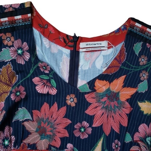 Aldomartins Midi Dress Womens M Millefluer Striped Floral Preppy Maximalist Navy - Picture 8 of 9